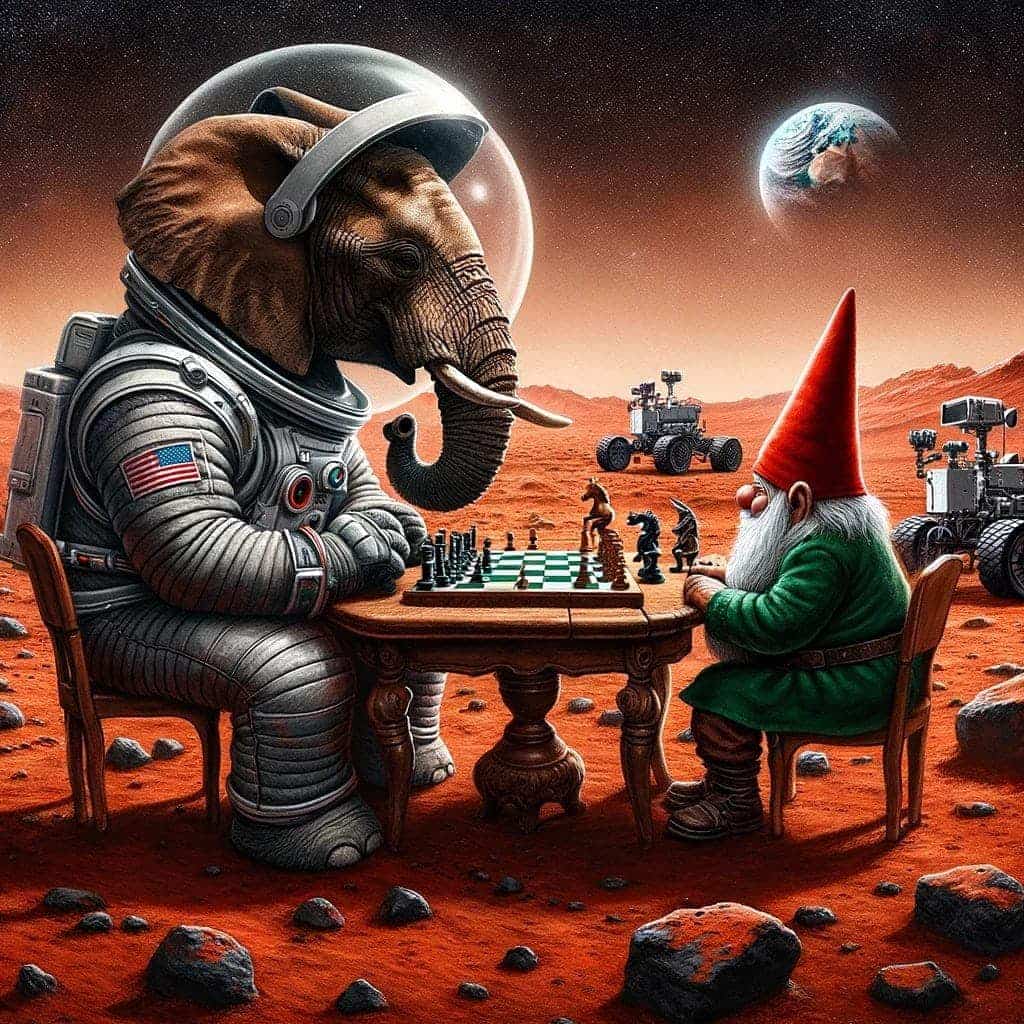 What Is Dall-E &Amp; How To Use It 79 Red And Rocky Mars Floor With Earth In The Background. An Elephant Wearing An Astronaut Costume Is Sitting In A Wooden Chair Across The Table From A Gnome Playing Chess