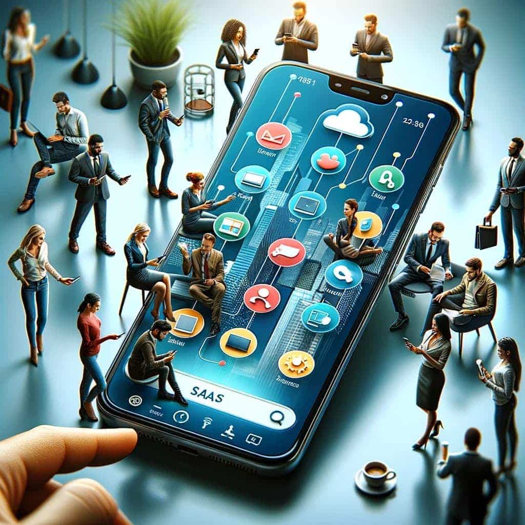 What Is Dall-E &Amp; How To Use It 82 A Hand Slightly Coming Into Frame That Is Mainly A Smart Phone With Several Apps And &Quot;Saas&Quot; In The Search Bar. There Are Around 20 Tiny People Around An On The Phone Also On Their Own Phones