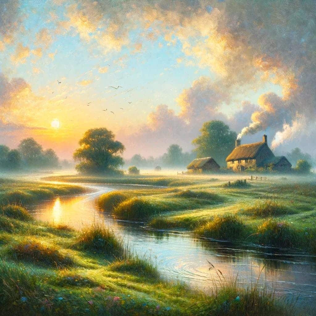 What Is Dall-E &Amp; How To Use It 78 An Impressionist Painting Of A Winding Creek And Lush Green Grasses, With A Farm House In The Background, Smoke Coming Out Of The Chimney And The Sun Setting