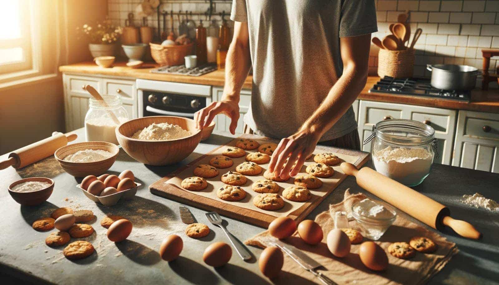 What Is Dall-E &Amp; How To Use It 81 Photographic-Like Image Of A Kitchen With An Island In The Foreground Covered With Baking Ingredients, Utensils, And Bowls, And A Chest-Down View Of A Person Touching A Cutting Board Full Of Chocolate Chip Cookies