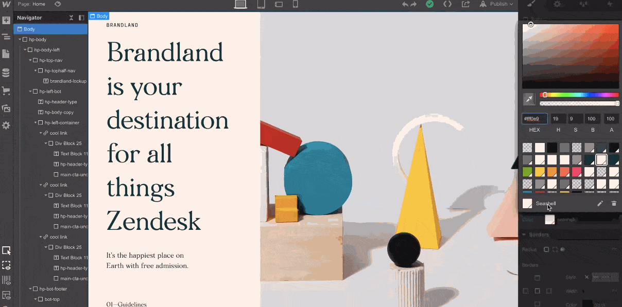 User Changing Font And Background Color Of Landing Page In The Wordpress Cms Alternative Webflow Editor