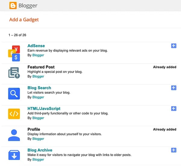 Limited Selection Of Gadgets Available For Extending The Functionality Of Blogger